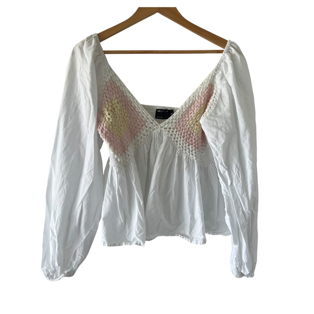 ASOS EDITION‎ White Crochet Granny Square Puff Sleeve Blouse Top 12 Boho Cotton